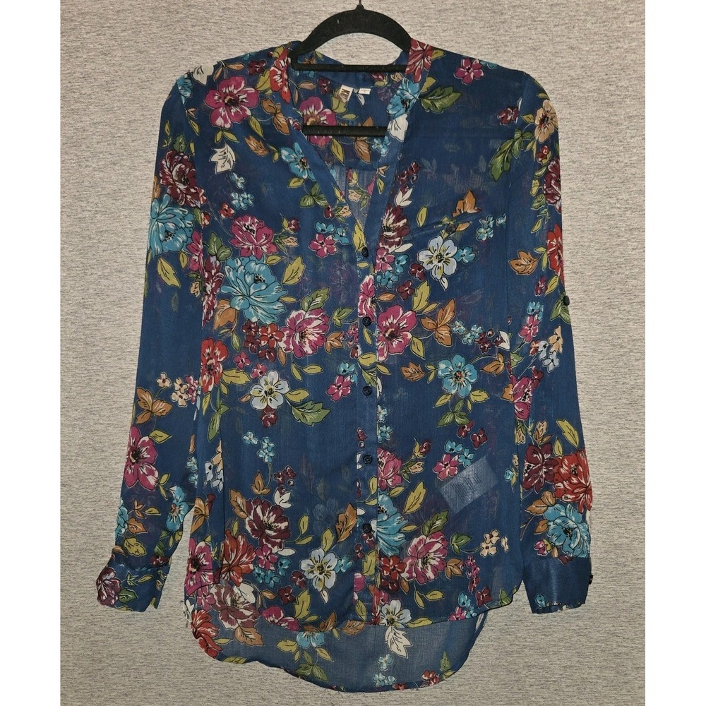 KUT FROM THE KLOTH Floral Sheer Roll Tab Sleeve Button Up Shirt Women's Small
